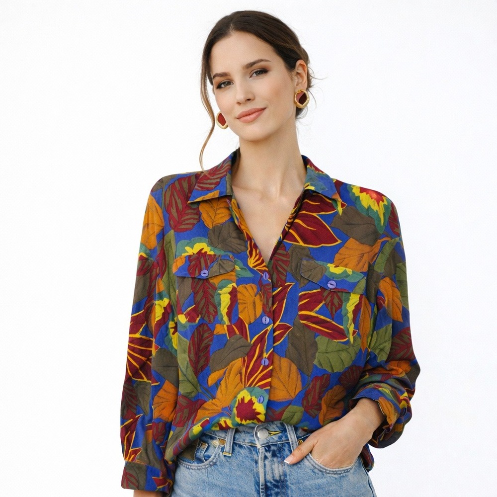 Vintage‎ Diane Gilman Silk Button Up Medium 80's Tropical Maximalist Blouse Boho